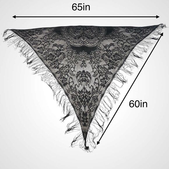 Worthington Black Sheer Shawl Wrap Triangle Fringe Head Cover Lace Mantilla Veil - Picture 5 of 8